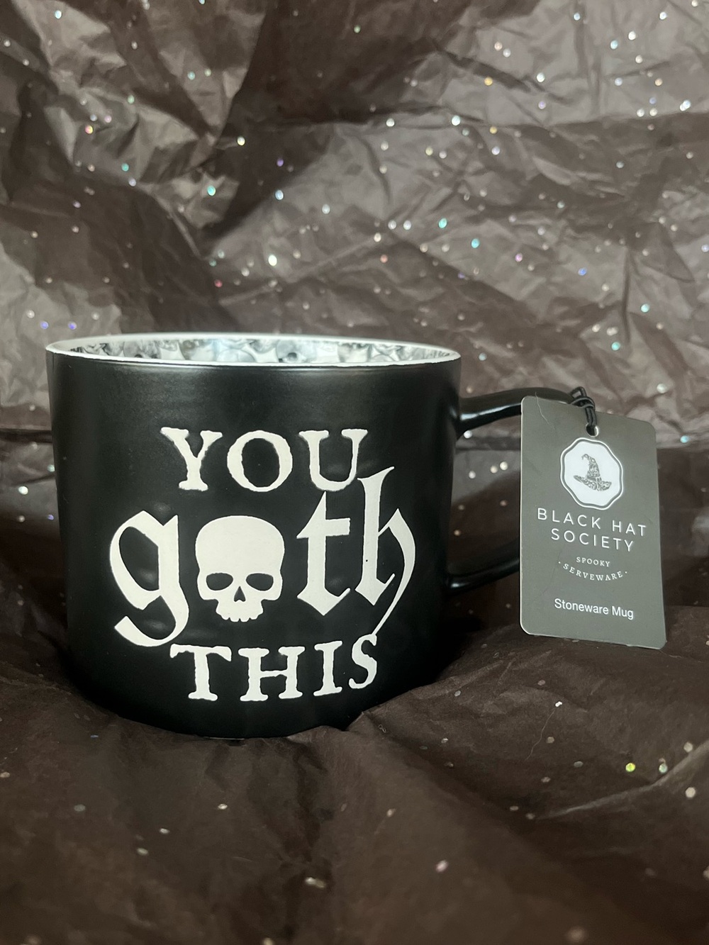 You Goth This 18 oz Mug Black Stoneware With Skull Print Interior NWT